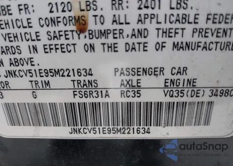 2005 Infiniti G35 z USA, uszkodzony, nr VIN JNKCV51E95M221634